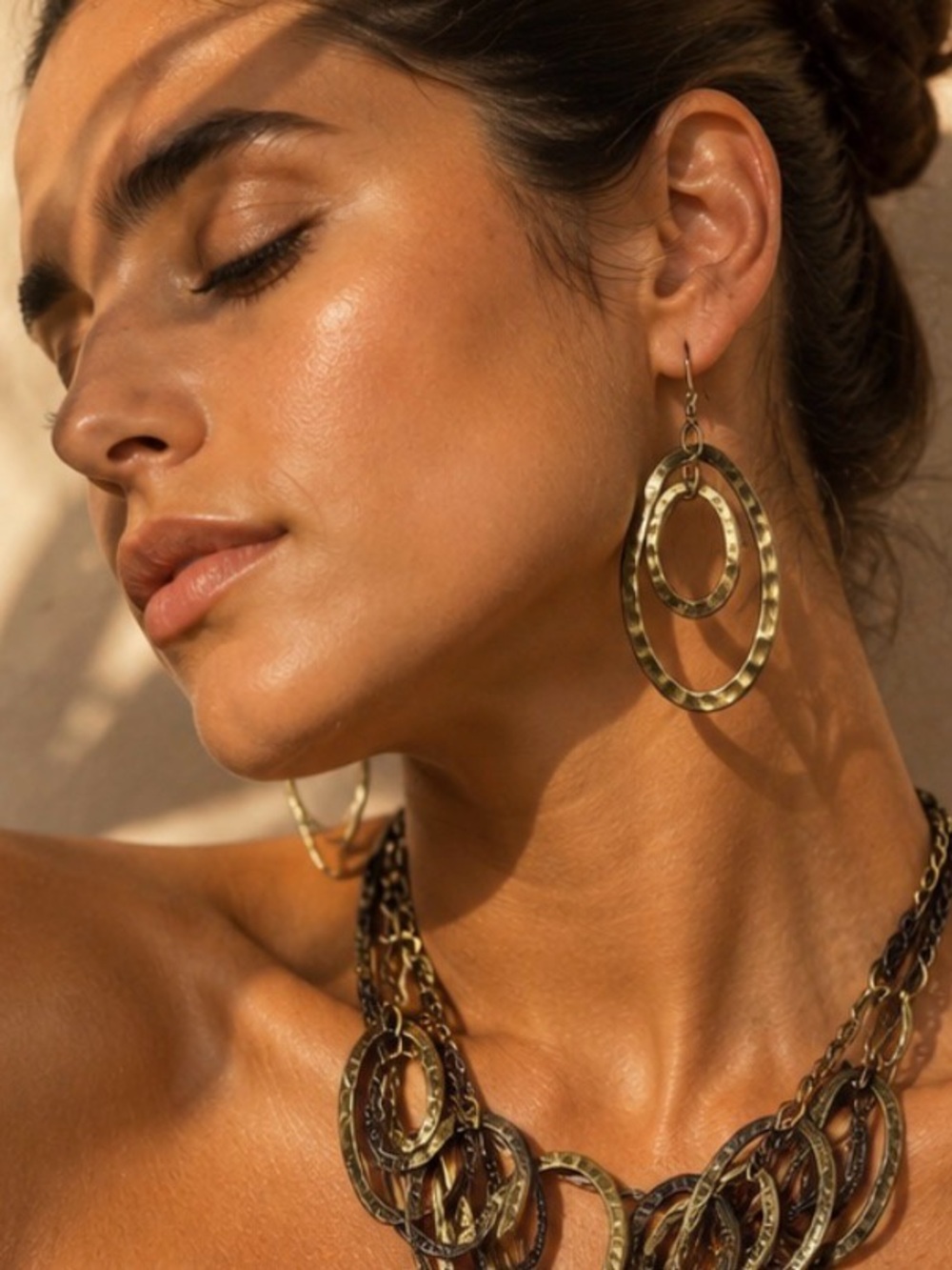 Mixed Metal Statement Necklace & Earrings Set | Boho Layered Hoops